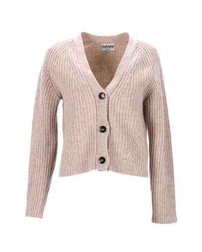 Ganni Ribbed Cardigan In Beige Wool
