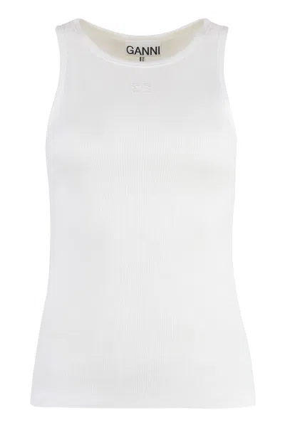 Ganni Ribbed Cotton Tank Top In White