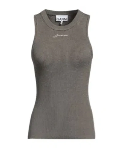 Ganni Ribbed Crew-neck Tank Top In Gray