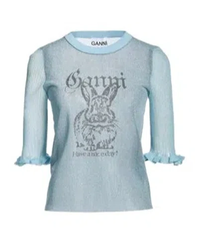 Ganni Ribbed Crew-neck Three-quarter Sleeve Top In Blue