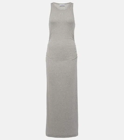 Ganni Ribbed-knit Cotton-blend Midi Dress In Grey