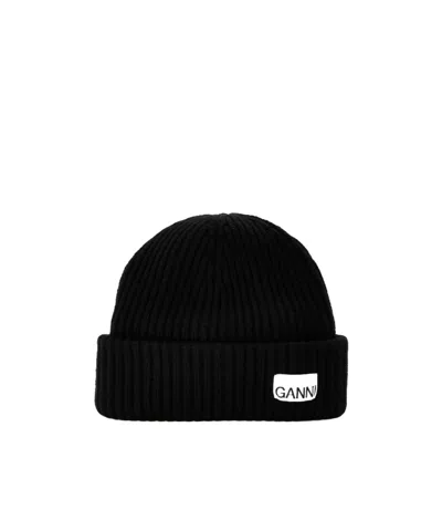 Ganni Ribbed Knit Hat In Black