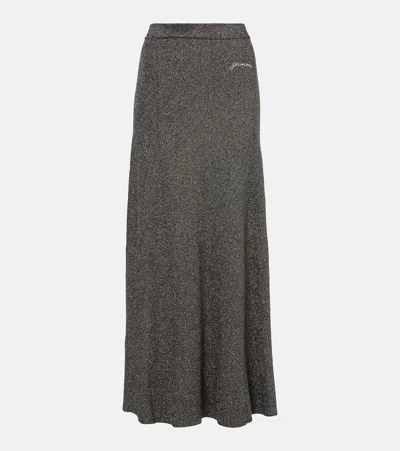 Ganni Ribbed-knit Lamé Maxi Skirt In Grau