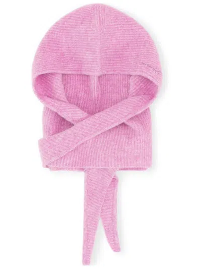 Ganni Ribbed-knit Logo-embroidered Balaclava In Pink