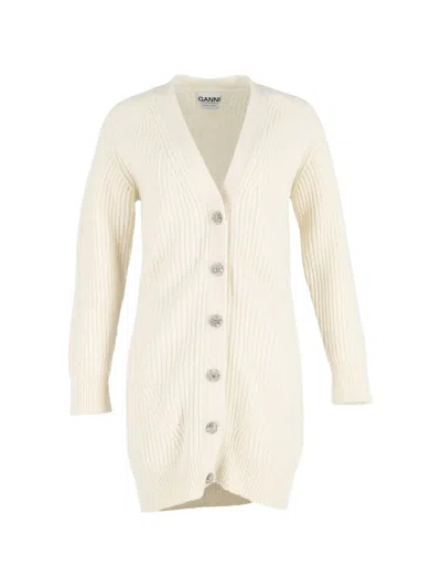Pre-owned Ganni Ribbed-knit Long Cardigan In White
