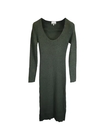Pre-owned Ganni Ribbed-knit Long-sleeve Midi Dress In Green