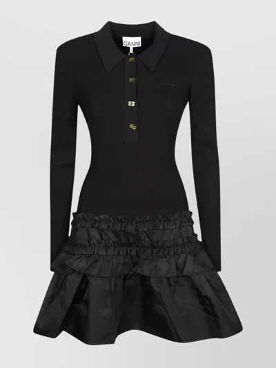 Ganni Ribbed Knit Long-sleeve Mini Dress In Black