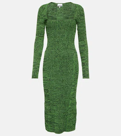 Ganni Ribbed-knit Midi Dress In Kelly Green