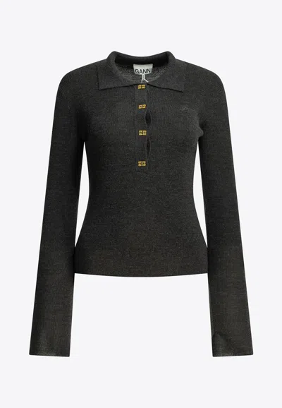 Ganni Ribbed Knit Polo Sweater In Gray