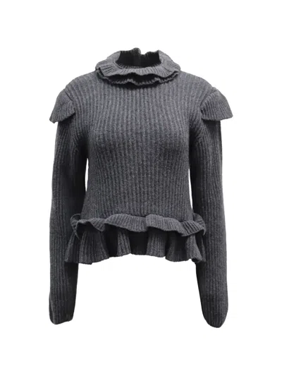 Pre-owned Ganni Ribbed-knit Ruffled Sweater In Gray
