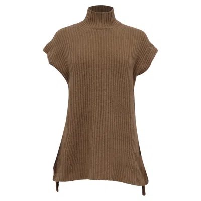 Ganni Ribbed-knit Turtleneck Vest Sweater In Brown Wool