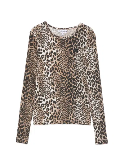 Ganni Ribbed Leopard-print T-shirt In Green