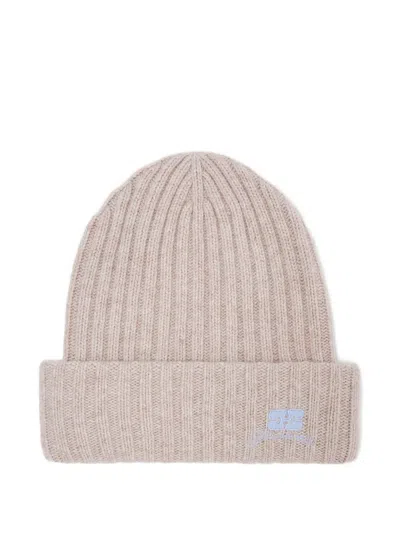 Ganni Ribbed Logo-detail Beanie Hat In Brown