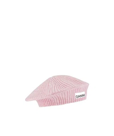 Ganni Logo-patch Wool Blend Beret In Pink