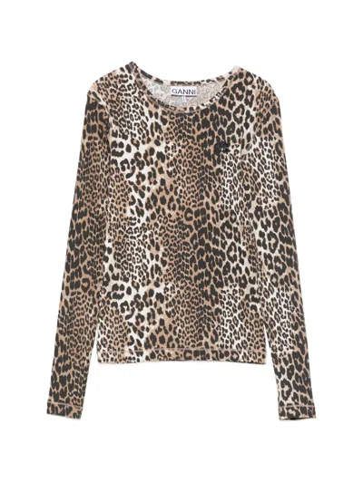 Ganni Ribbed Long Sleeve Printed T-shirt With Embroidered Logo In Animal Print