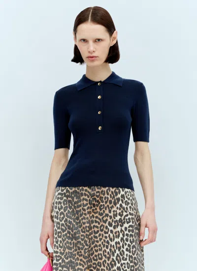 Ganni Short-sleeve Ribbed Wool Polo Top In Navy