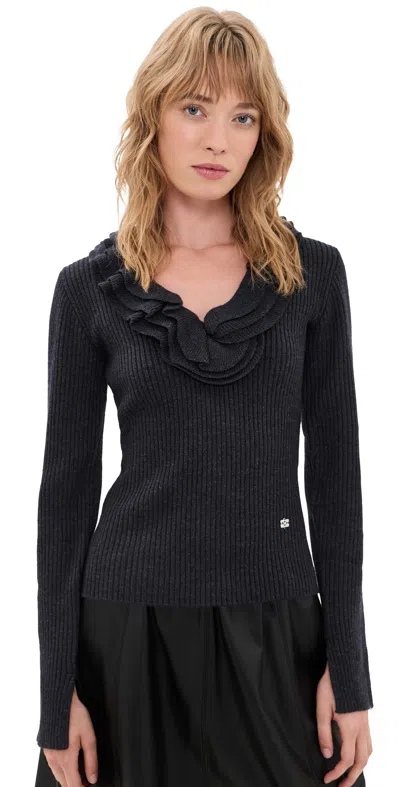 Ganni Ribbed Merino Wool Frill Sweater Phantom