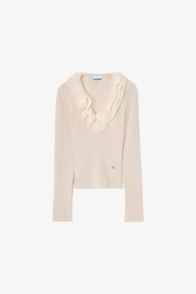 Ganni Ribbed Merino Wool Frill Top In Egret