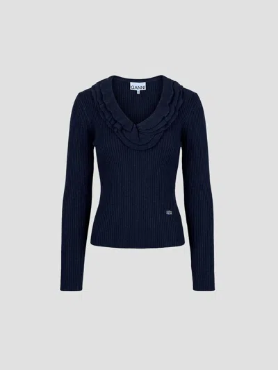 Ganni Ribbed Merino Wool Frill Top In Blue