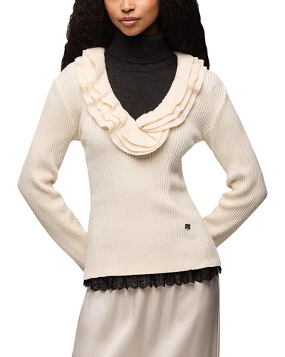 Ganni Ribbed Merino Wool-blend Ruffel Sweater In Neutral
