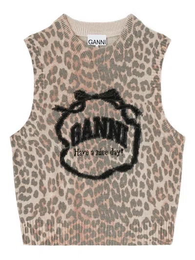 Ganni Ribbed Neck Graphic Print Vest - Size S In Gray