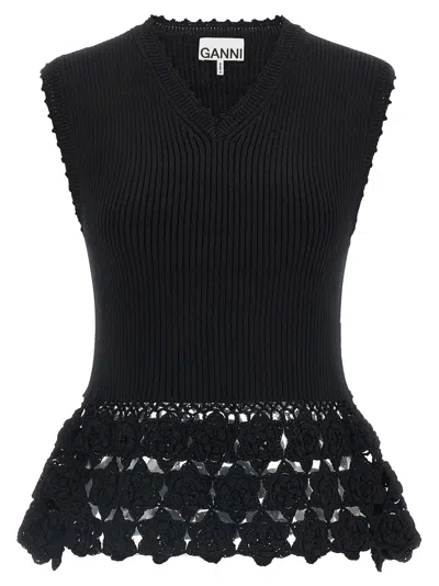 Ganni Ribbed Organic Cotton With Crochet Hem Vest In Multi