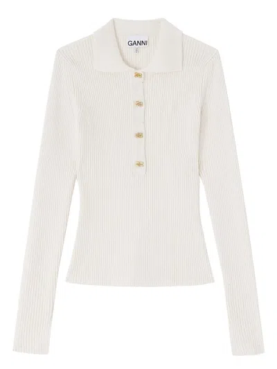 Ganni Ribbed Polo Shirt In White