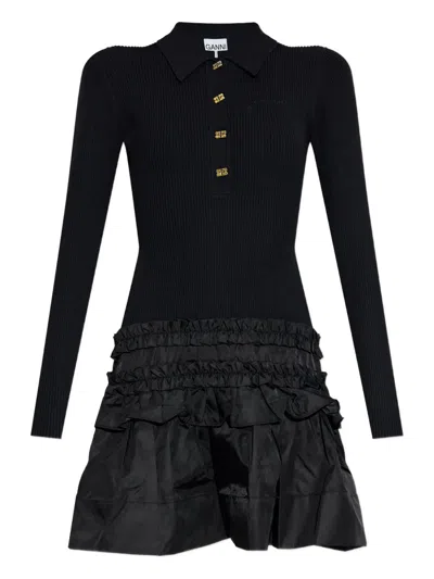 Ganni Ribbed Knit Long-sleeve Mini Dress In Black