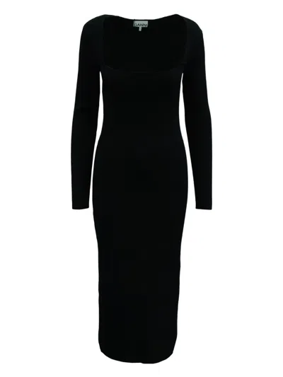 Pre-owned Ganni Ribbed Scoop-neck Midi Dress In Black