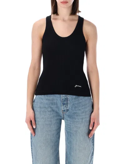 Ganni Ribbed Scoop Neck Tank Top In Black