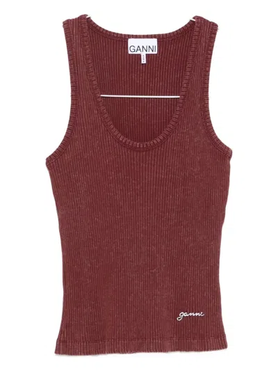 Ganni Ribbed Scoop-neck Tank Top In Brown