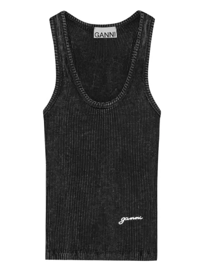 Ganni Ribbed Tank Top In Black