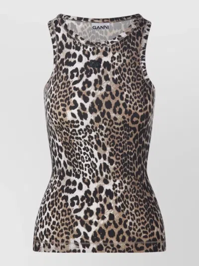 Ganni Ribbed Tank Top In Animal Print