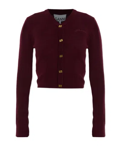 Ganni Ribbed V-neck Cardigan In Burgundy