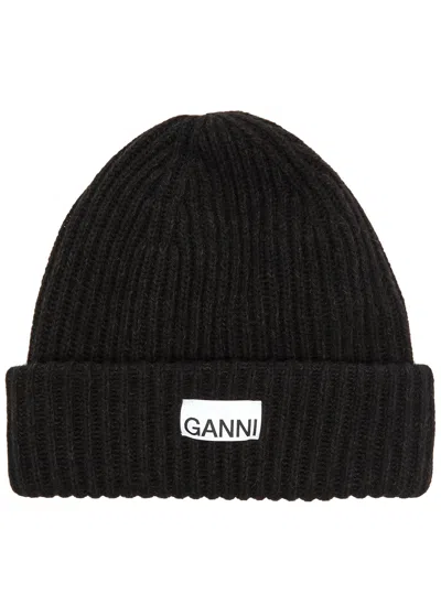 Ganni Ribbed Wool-blend Beanie In Black