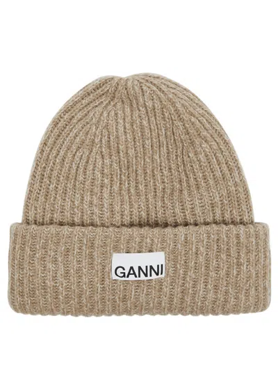 Ganni Ribbed Wool-blend Beanie In Brown
