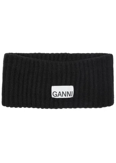 Ganni Ribbed Wool-blend Headband In Black