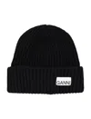 Ganni Ribbed Wool Logo Beanie In Black