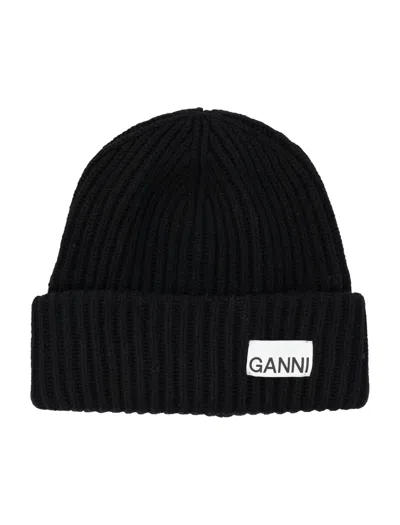 Ganni Ribbed Wool Logo Beanie In Black