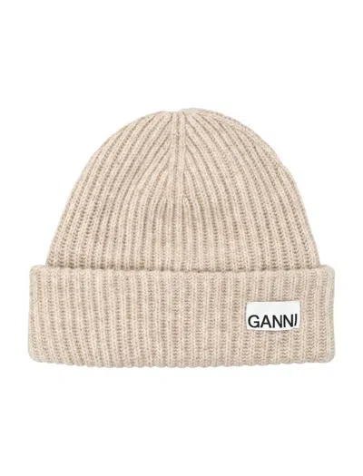 Ganni Ribbed Wool Logo Beanie In Burgundy