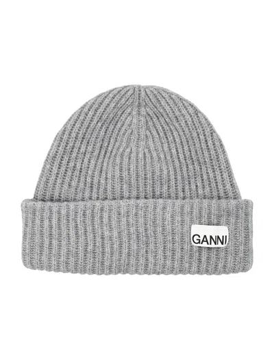 Ganni Ribbed Wool Logo Beanie In Gray