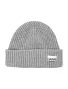 Ganni Ribbed Wool Logo Beanie In Gray