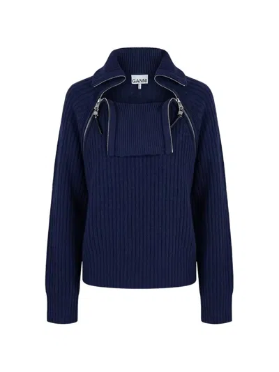 Ganni Ribbed Zip-detail Sweater In Blue