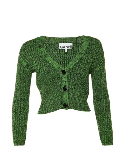 Pre-owned Ganni Ribbed-knit Buttoned Cardigan In Green