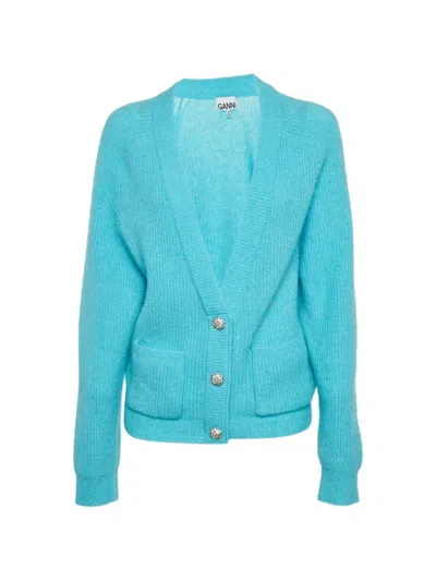 Pre-owned Ganni Ribbed-knit Cardigan In Blue