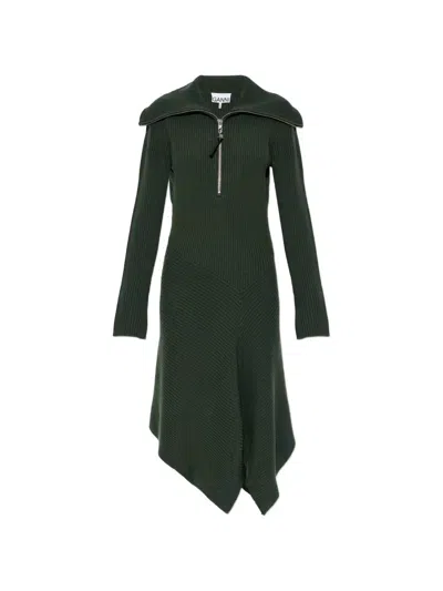 Ganni Ribbed-knit Handkerchief-hem Dress In Green