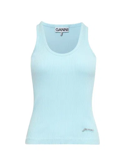 Ganni Ribbed-knit Logo-embellished Tank Top In Blue