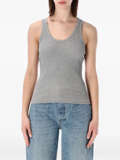 Ganni Ribbed-knit Logo-embellished Tank Top In Gray