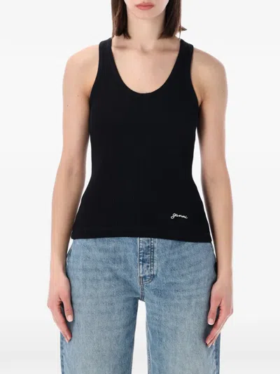 Ganni Ribbed-knit Logo-embroidered Tank Top In Black