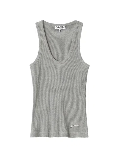 Ganni Ribbed-knit Logo-embroidered Tank Top In Gray